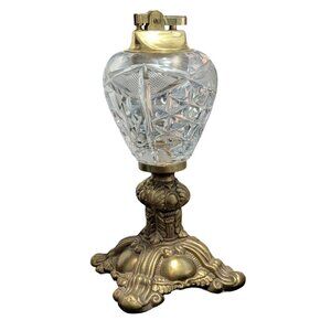 Vintage Brass Cut Glass Table Lighter with Ornate brass Base